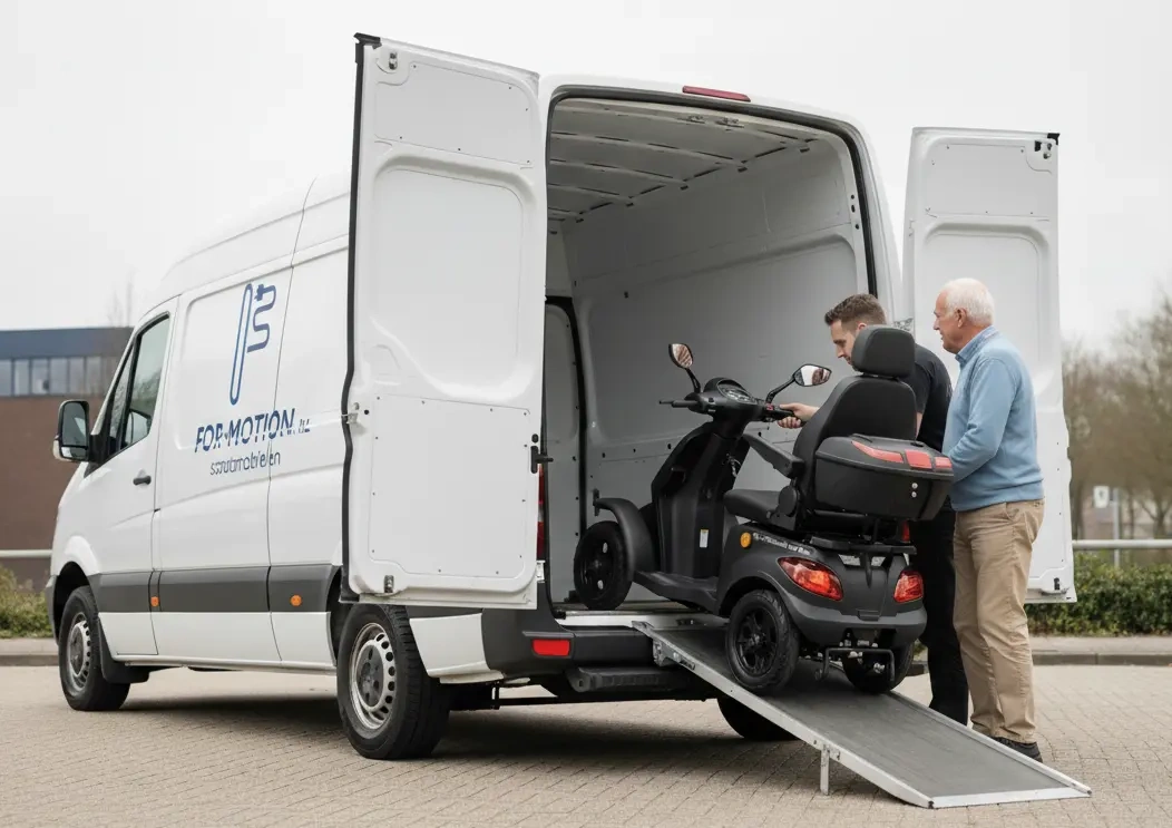 Een For Motion scootmobiel bij de voordeur voor een proefrit aan huis