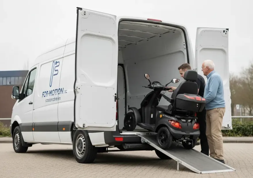 Een For Motion scootmobiel bij de voordeur voor een proefrit aan huis