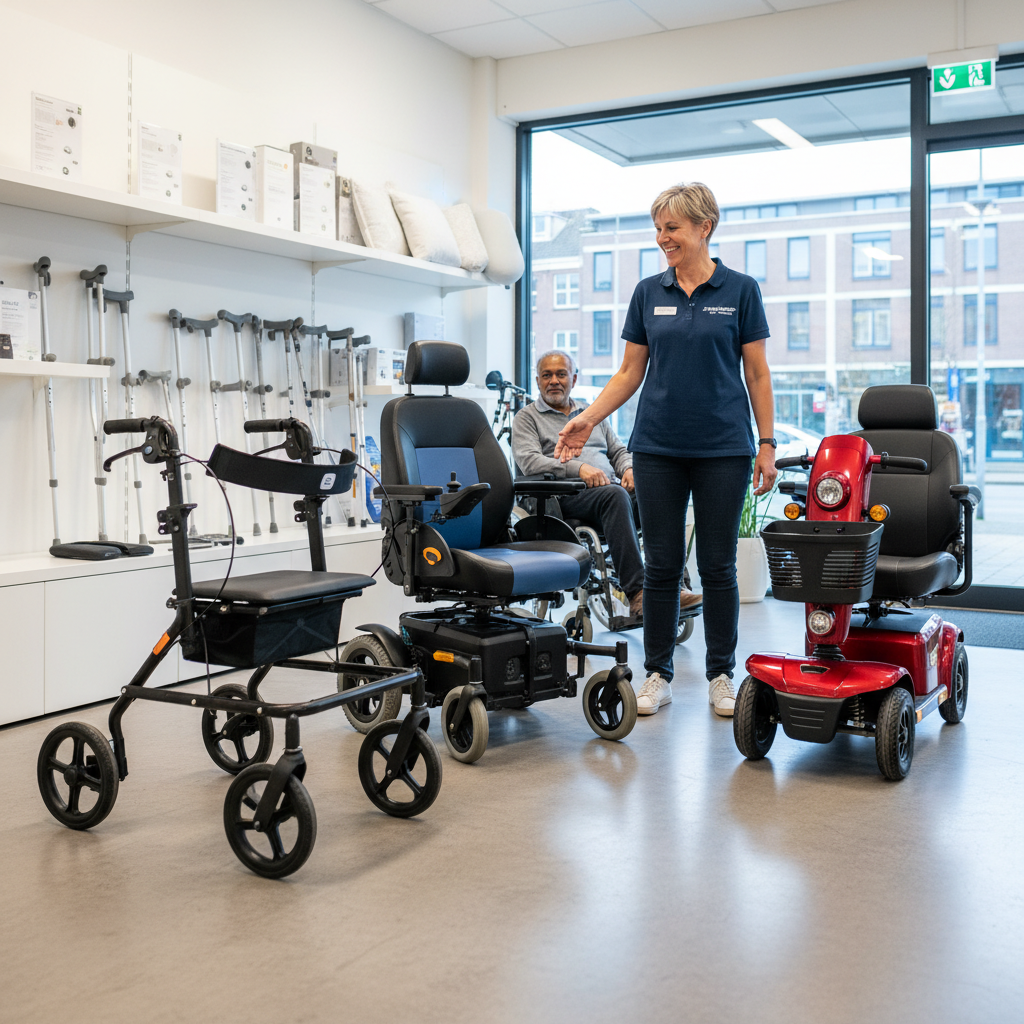 Diverse medische hulpmiddelen en mobiliteitsoplossingen in een moderne showroom met een Zorgdiscounter adviseur