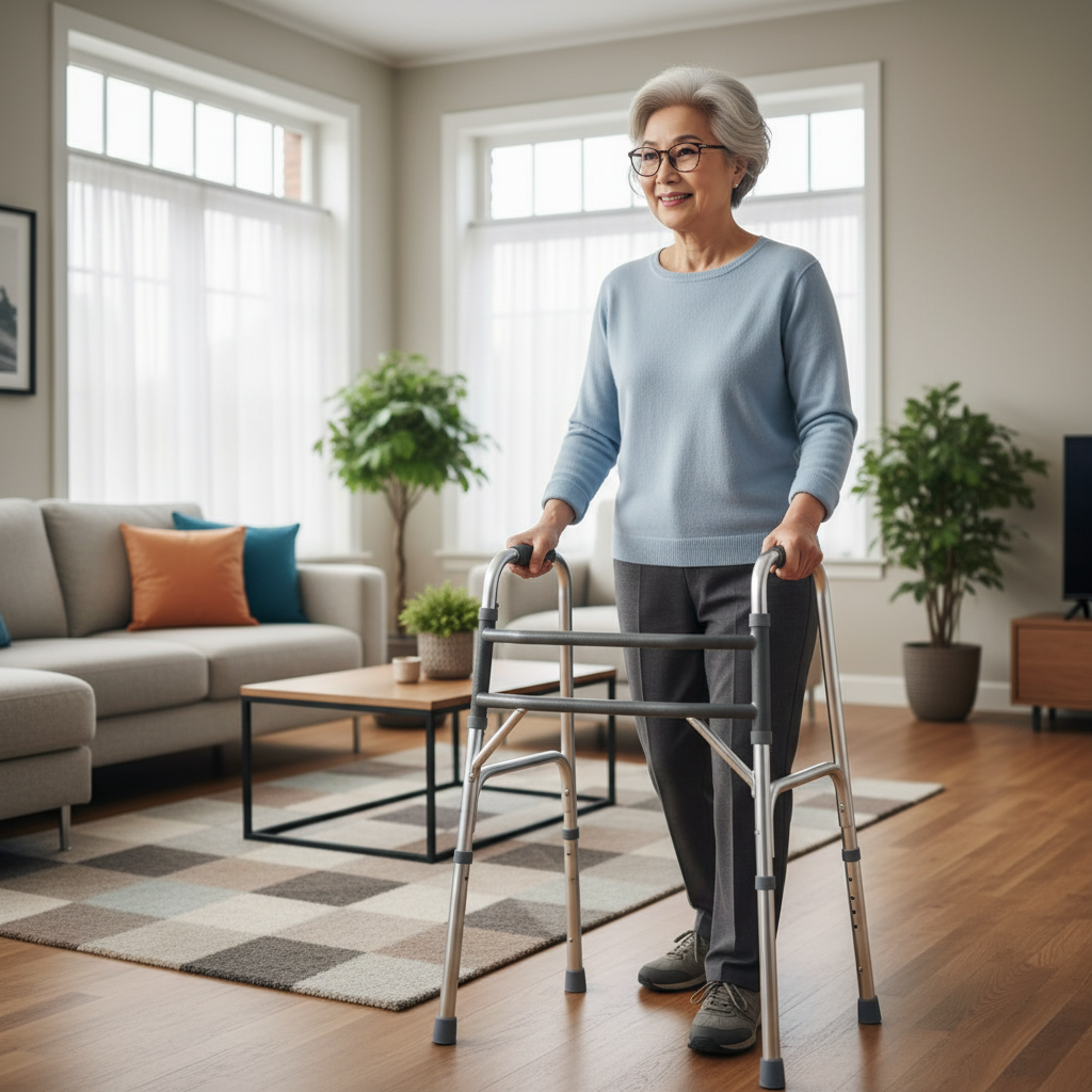 Een oudere persoon gebruikt een looprek binnenshuis met een glimlach, wat zelfstandigheid en comfort uitstraalt.
