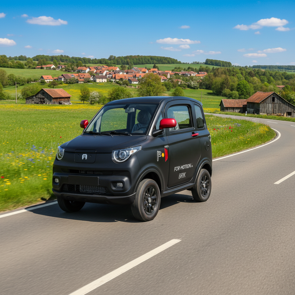 For Motion Brik rijdend op een landweggetje met groene omgeving, symboliserend vrijheid en mobiliteit.