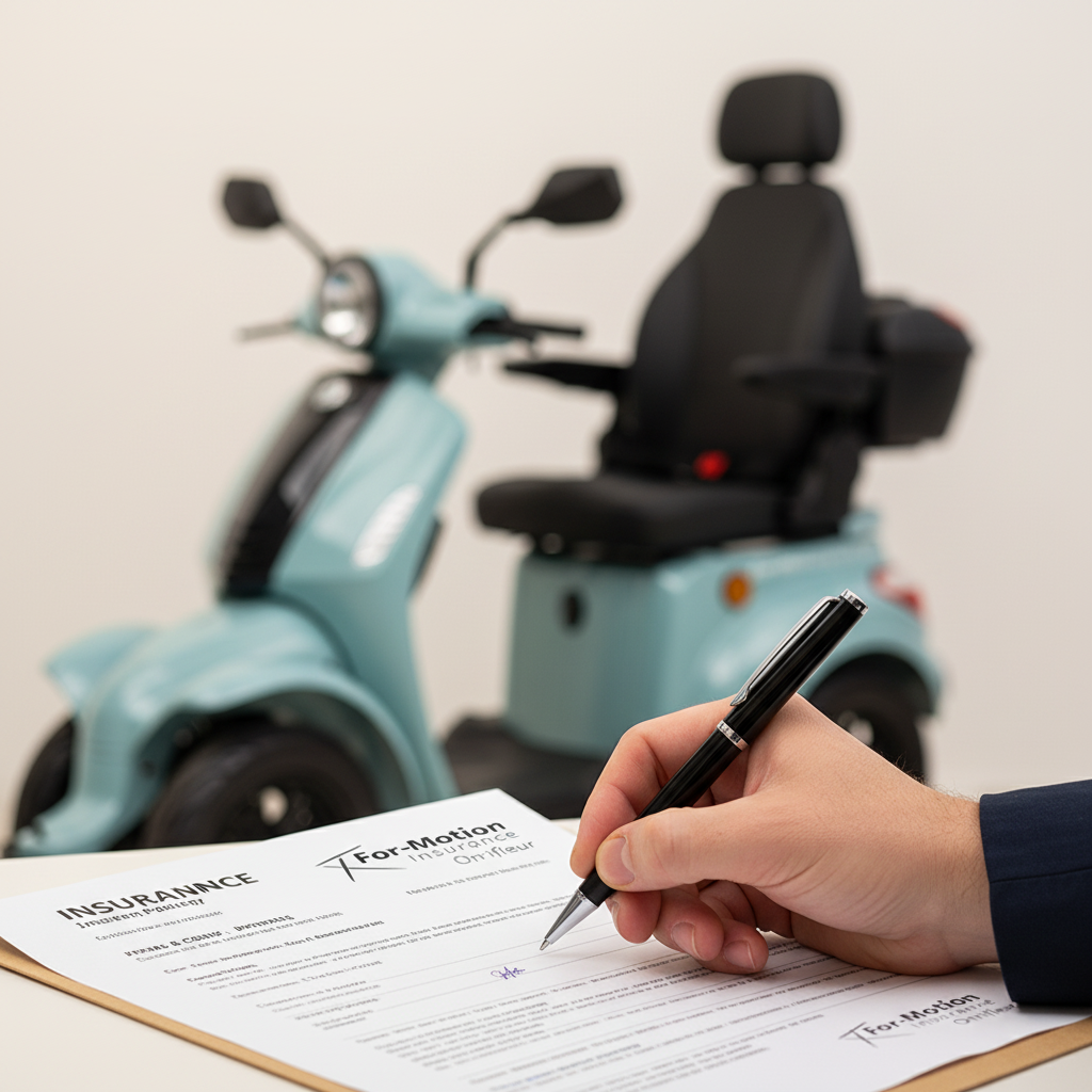 Persoon die een scootmobiel verzekeringspolis ondertekent, met een For Motion scootmobiel op de achtergrond
