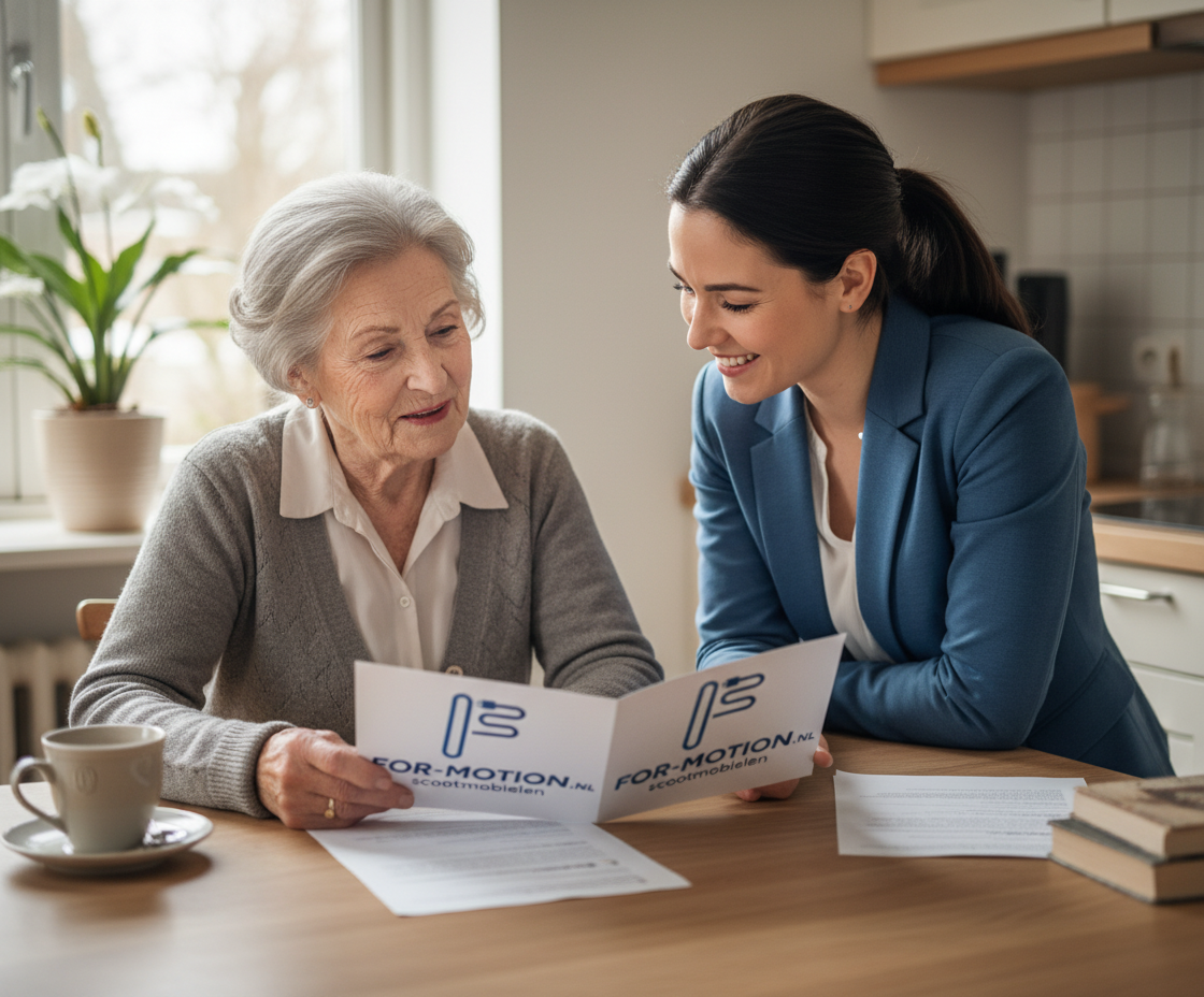 Een For Motion medewerker in gesprek met een oudere dame over WMO subsidie voor een scootmobiel
