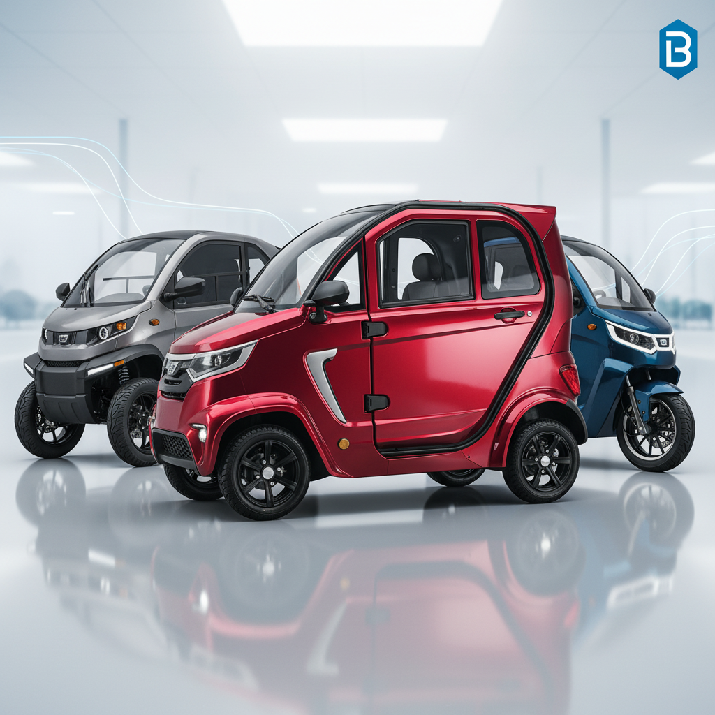 Twee gesloten scootmobielen, de For Motion Dike en Brik, geparkeerd voor een modern gebouw, met een persoon die glimlachend instapt.