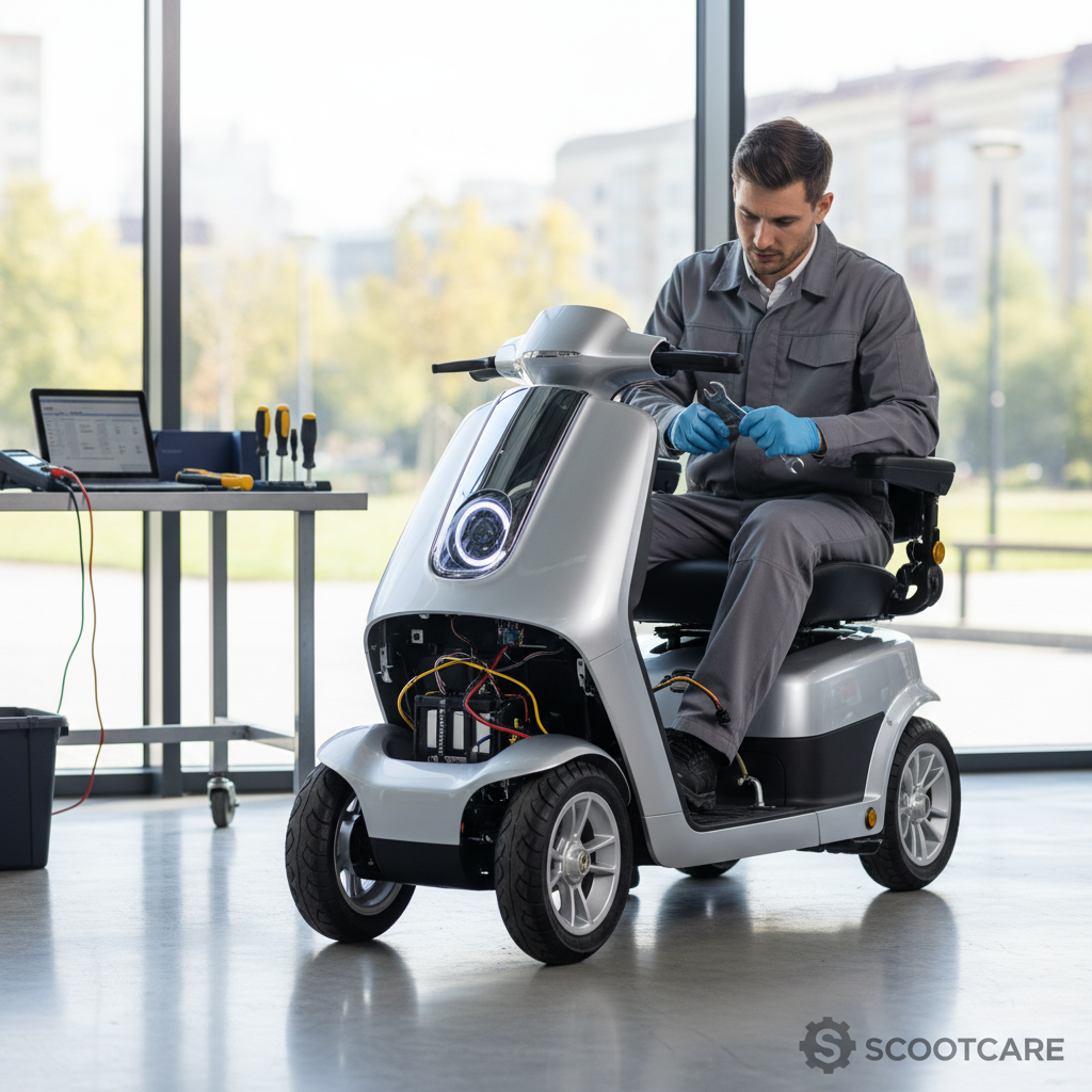 Professionele technicus voert onderhoud uit aan een scootmobiel in een For Motion werkplaats.