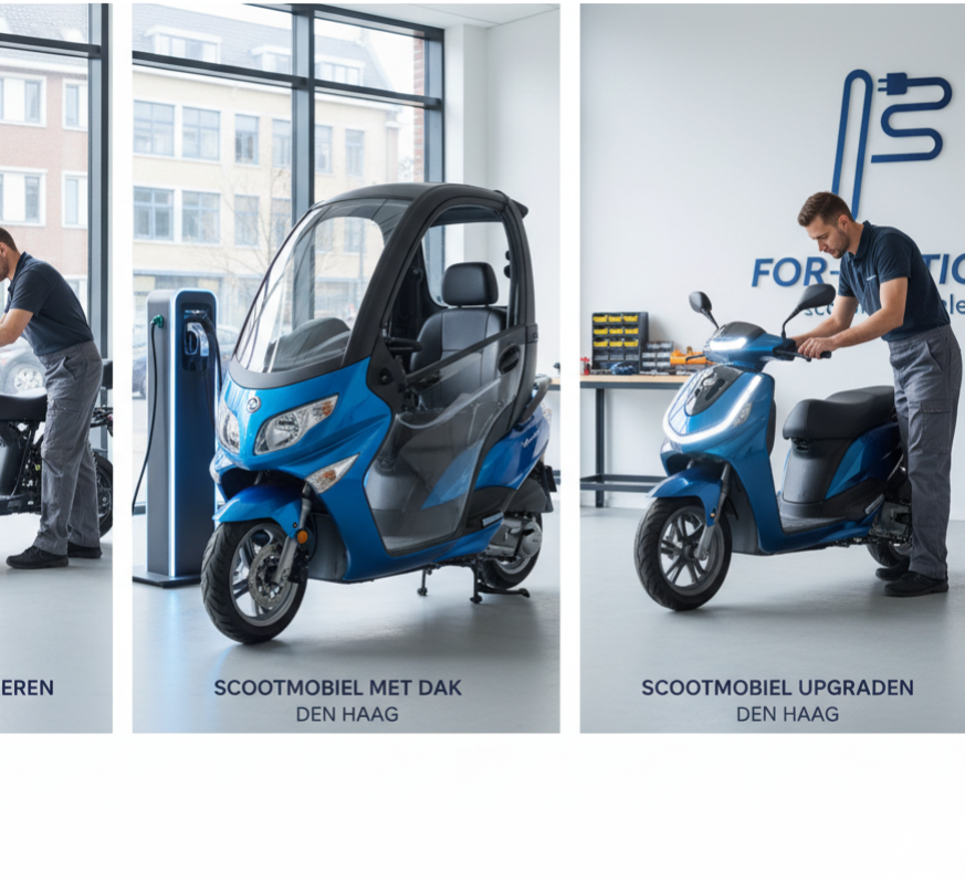 Diverse moderne For Motion scootmobielen op een rij, klaar voor gebruik.