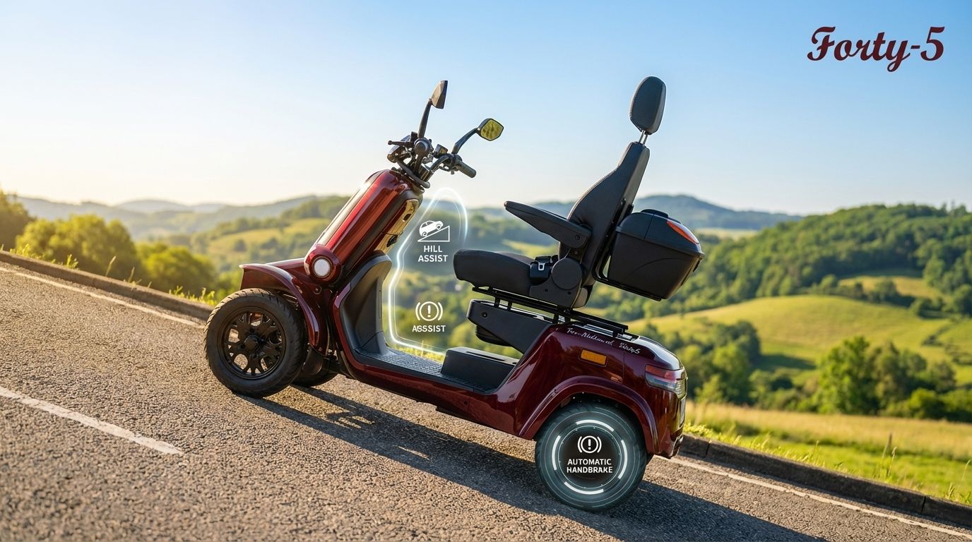 Een For Motion scootmobiel die veilig stilstaat op een helling dankzij de Hill Assist functie.