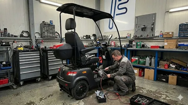 Onderhoud aan een scootmobiel in de For Motion werkplaats in Heerde